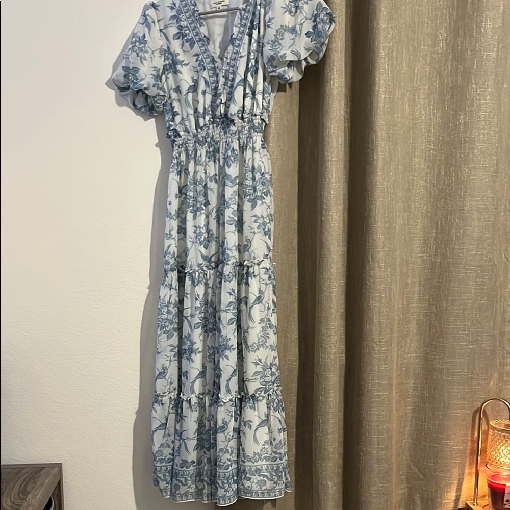 Blue Puff Sleeve V-Neck Maxi Sundress